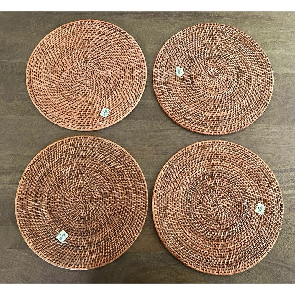 Crate & Barrel Artesia Round Honey Woven Rattan Placemats Set Of 4 NEW Cottage
